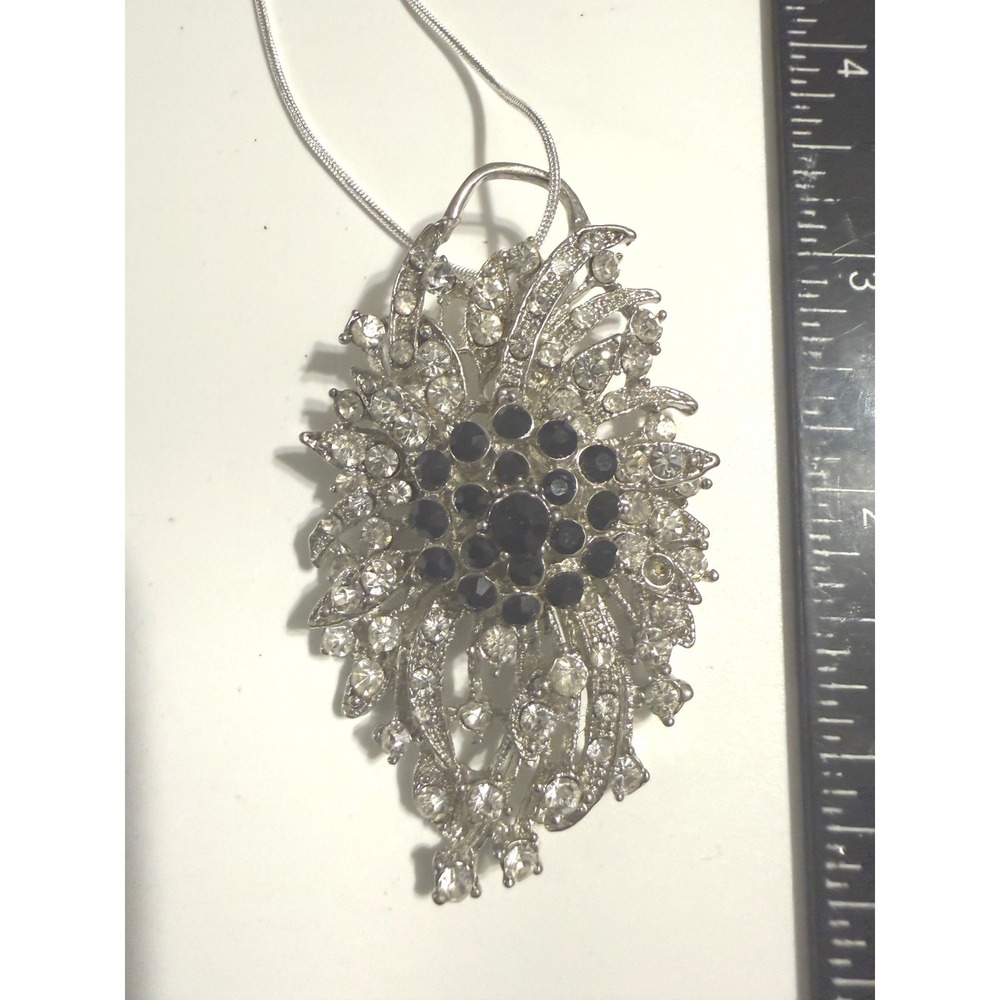 Silver‎ Tone Statement Necklace Large Floral Rhinestone Pendant Navy Blue Clear